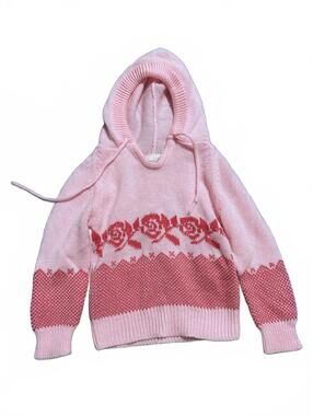 70s True Vintage Baby Girls Pink Sweater Hoodie Rose Details Knit Size 18M